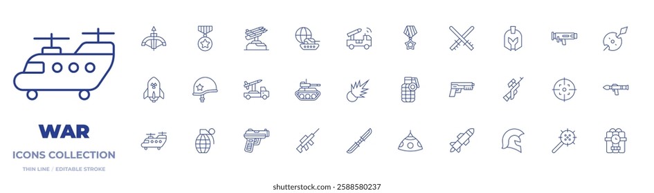 War icons collection. Thin Line icons, editable stroke. army, artillery, bomb, crossbow, double edged sword, dynamite, grenade, gun, helmet, launcher, mace.