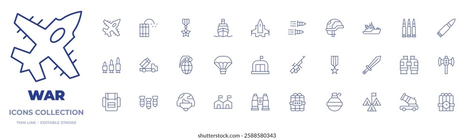 War icons collection. Thin Line icons, editable stroke. aircraft, airforce, ammunition, artillery, assault rifle, axe, backpack, binocular, binoculars.