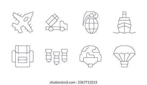 Iconos de guerra. Trazo editable. Conteniendo aviones, artillería, mochila, bomba, granada, casco, barco, suministro.