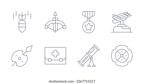 War icons. Editable stroke. Containing crossbow, first aid kit, medal, missile, mortar, shield, spear, war.