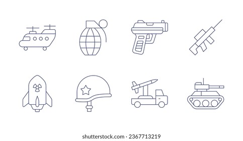 Iconos de guerra. Trazo editable. Contienen ejército, bomba, granada, arma, casco, lanzador, rifle de francotirador, tanque.