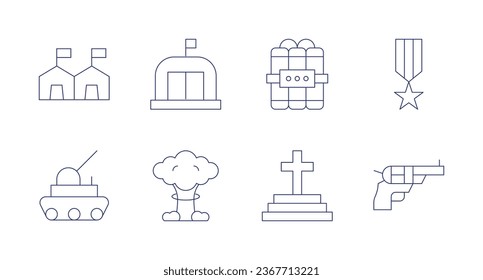 Kriegssymbole. Bearbeitbarer Strich. Bunker, Dynamit, Explosion, Flandern, Medaille, Revolver, Tank, Zelt.