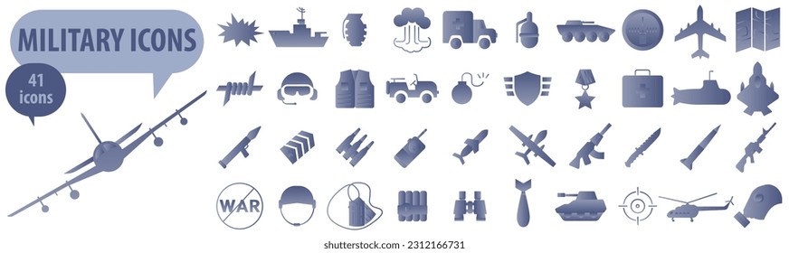 War icons. Flat design, light blue gradient. Vector illustration. ESP 10.