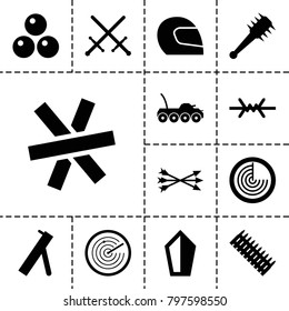 War icons. set of 13 editable filled war icons such as radar, sword, arrow bow, mace, canon ball, wire fence, cannon, ammo, military car
