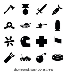 War icons. set of 16 editable filled war icons such as helmet, medal with star, bomb, rocket bomb, smoke bomb, sword, axe weapon, wire fence, medal, flag, cannon, bullet