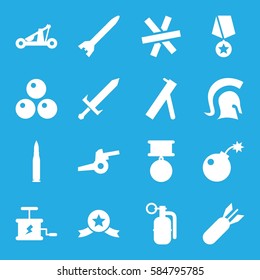 war icons set. Set of 16 war filled icons such as bomb, rocket bomb, dynamite, knight, sword, catapult, canon ball, wire fence, medal, cannon, bullet