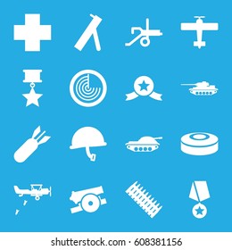 War icons set. set of 16 war filled icons such as radar, medical cross, rocket bomb, smoke bomb, cannon, war helmet, ammo, tank, plane, military plane