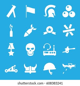 War icons set. set of 16 war filled icons such as rocket bomb, skull, knight, catapult, helmet, canon ball, wire fence, listening device, medal, flag, cannon, war helmet