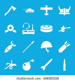 War icons set. set of 16 war filled icons such as bomb, rocket bomb, smoke bomb, helmet, spear, axe weapon, listening device, cannon, war helmet, bullet, tank, plane
