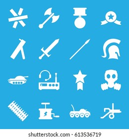 War icons set. set of 16 war filled icons such as dynamite, knight, sword, axe weapon, spear, wire fence, listening device, gas mask, medal, cannon, ammo, military car, tank