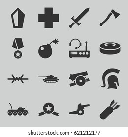 War icons set. set of 16 war filled icons such as medical cross, bomb, rocket bomb, smoke bomb, knight, sword, axe weapon, cannon, wire fence, listening device, military car