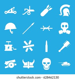 War icons set. set of 16 war filled icons such as rocket bomb, dynamite, skull, knight, catapult, helmet, mace, spear, cannon, wire fence, gas mask, war helmet, bullet