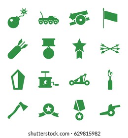 War icons set. set of 16 war filled icons such as bomb, rocket bomb, dynamite, arrow bow, catapult, axe weapon, cannon, medal, flag, military car, medal with star