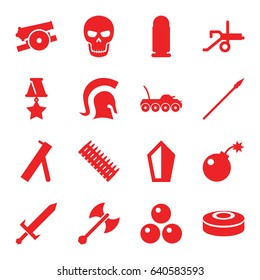 War icons set. set of 16 war filled icons such as bomb, skull, smoke bomb, knight, sword, axe weapon, spear, cannon, canon ball, medal, bullet, ammo