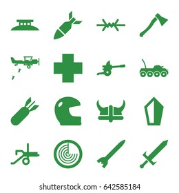 War icons set. set of 16 war filled icons such as radar, medical cross, rocket bomb, sword, helmet, axe weapon, wire fence, cannon, military car
