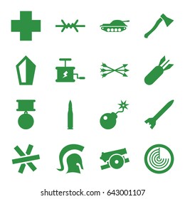 War icons set. set of 16 war filled icons such as radar, bomb, medical cross, rocket bomb, dynamite, knight, arrow bow, axe weapon, cannon, wire fence, medal, bullet, tank