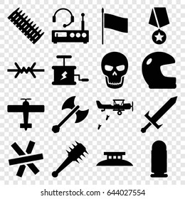 War icons set. set of 16 war filled icons such as dynamite, skull, sword, axe weapon, mace, wire fence, listening device, flag, bullet, ammo, plane, military plane