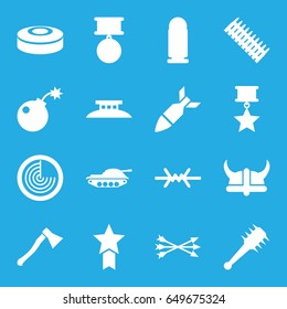 War icons set. set of 16 war filled icons such as radar, bomb, rocket bomb, smoke bomb, arrow bow, helmet, mace, axe weapon, wire fence, medal, bullet, ammo, tank