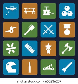 War icons set. set of 16 war filled icons such as dynamite, catapult, axe weapon, mace, canon ball, wire fence, medal, cannon, bullet, ammo, rocket bomb, military plane