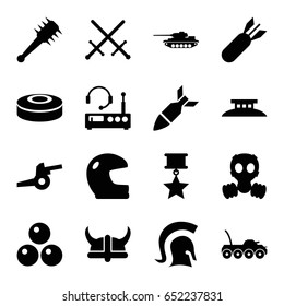 War icons set. set of 16 war filled icons such as rocket bomb, smoke bomb, knight, helmet, mace, canon ball, wire fence, listening device, gas mask, cannon, military car, tank