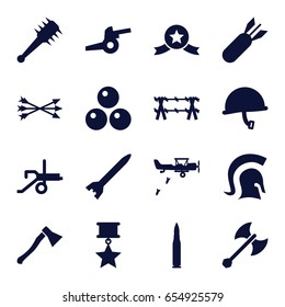 War icons set. set of 16 war filled icons such as rocket bomb, knight, arrow bow, axe weapon, mace, canon ball, wire fence, cannon, war helmet, bullet, military plane