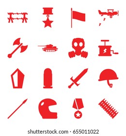 War icons set. set of 16 war filled icons such as dynamite, sword, axe weapon, spear, wire fence, gas mask, flag, war helmet, bullet, ammo, tank, military plane