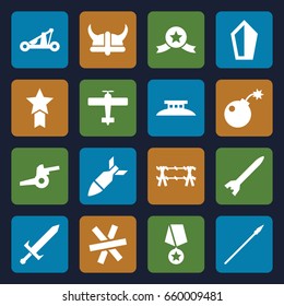 War icons set. set of 16 war filled icons such as bomb, rocket bomb, sword, catapult, helmet, spear, wire fence, cannon, plane