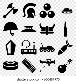War icons set. set of 16 war filled icons such as bomb, rocket bomb, smoke bomb, knight, helmet, axe weapon, canon ball, wire fence, listening device, war helmet, bullet, ammo