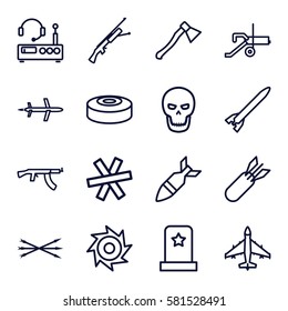 War icons set. Set of 16 War outline icons such as rocket bomb, skull, smoke bomb, arrow bow, axe weapon, saw, wire fence, listening device, plane, cannon, submachine gun
