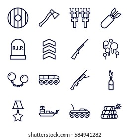 War icons set. Set of 16 War outline icons such as rocket bomb, dynamite, shield, axe weapon, blood, ball chain, rank, medal, weapon truck, military car, water military