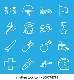 War icons set. set of 16 war outline icons such as medical cross, bomb, rocket bomb, dynamite, knight, axe weapon, cannon, wire fence, flag, war helmet, military car