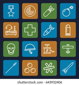 War icons set. set of 16 war outline icons such as radar, medical cross, bomb, rocket bomb, dynamite, skull, spear, canon ball, wire fence, listening device, war helmet