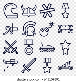 War icons set. set of 16 war outline icons such as bomb, knight, sword, catapult, helmet, wire fence, medal, military car, military plane, cannon