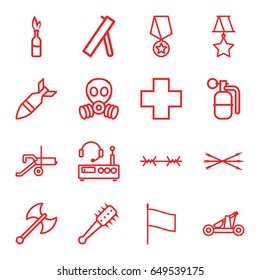 War icons set. set of 16 war outline icons such as medical cross, rocket bomb, dynamite, arrow bow, catapult, axe weapon, mace, wire fence, listening device, gas mask, medal