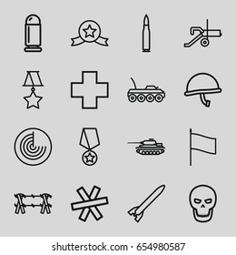 War icons set. set of 16 war outline icons such as radar, medical cross, skull, wire fence, medal, flag, war helmet, bullet, military car, rocket bomb, tank, cannon