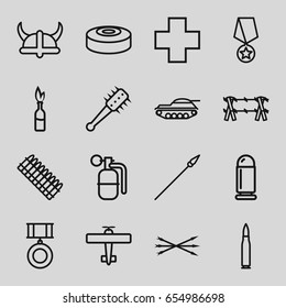 War icons set. set of 16 war outline icons such as medical cross, dynamite, smoke bomb, arrow bow, helmet, mace, spear, wire fence, medal, bullet, ammo, tank, plane