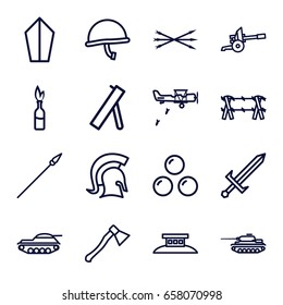 War icons set. set of 16 war outline icons such as knight, sword, arrow bow, spear, axe weapon, cannonball, wire fence, cannon, war helmet, tank, military plane