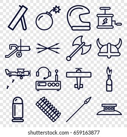 War icons set. set of 16 war outline icons such as bomb, dynamite, arrow bow, helmet, axe weapon, spear, wire fence, listening device, cannon, bullet, ammo, plane
