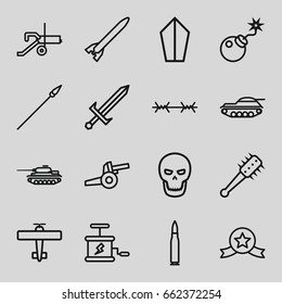 War icons set. set of 16 war outline icons such as bomb, dynamite, skull, sword, mace, spear, wire fence, cannon, bullet, rocket bomb, tank, plane