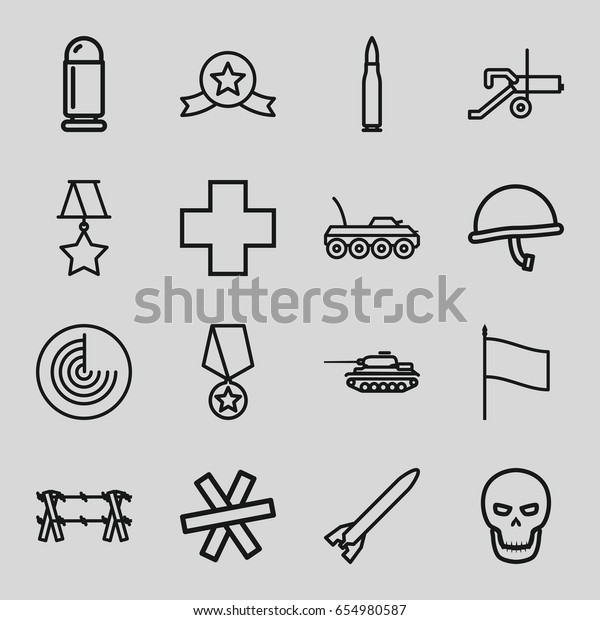 War icons set. set of 16\
war outline icons such as radar, medical cross, skull, wire fence,\
medal, flag, war helmet, bullet, military car, rocket bomb, tank,\
cannon