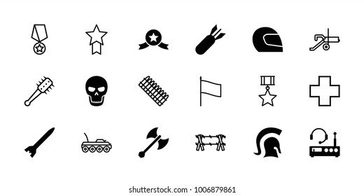 War icons. set of 18 editable filled and outline war icons: medal with star, rocket bomb, skull, knight, axe weapon, listening device, medical cross, mace, wire fence, flag