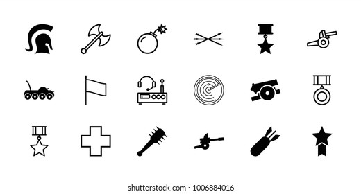 War icons. set of 18 editable filled and outline war icons: medal with star, rocket bomb, knight, mace, cannon, military car, medical cross, bomb, arrow bow, axe weapon