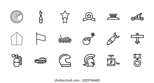 War icons. set of 18 editable outline war icons: helmet, bomb, medal with star, rocket bomb, dynamite, knight, catapult, wire fence, medal, flag, military car, tank, plane