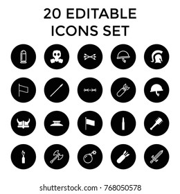 War icons. set of 20 editable filled and outline war icons such as rocket bomb, knight, arrow bow, helmet, mace, spear, wire fence, gas mask, flag, war helmet, bullet
