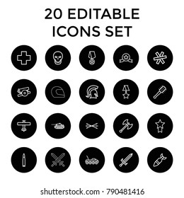 War icons. set of 20 editable outline war icons such as medical cross, medal with star, rocket bomb, skull, knight, sword. best quality war elements in trendy style.
