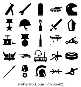 War icons. set of 25 editable filled war icons such as helmet, sword, medal with star, dynamite, smoke bomb, knight, catapult, spear, wire fence, listening device, medal