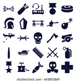 War icons set. set of 25 war filled icons such as bomb, medical cross, rocket bomb, dynamite, skull, smoke bomb, knight, arrow bow, axe weapon, cannon, wire fence