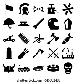 War icons set. set of 25 war filled icons such as rocket bomb, dynamite, skull, smoke bomb, knight, arrow bow, catapult, helmet, axe weapon, wire fence, listening device, flag