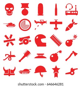 War icons set. set of 25 war filled icons such as radar, bomb, rocket bomb, skull, helmet, mace, axe weapon, cannon, wire fence, listening device, medal, war helmet, bullet