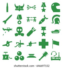 War icons set. set of 25 war filled icons such as medical cross, rocket bomb, dynamite, knight, arrow bow, helmet, mace, canon ball, wire fence, listening device, gas mask